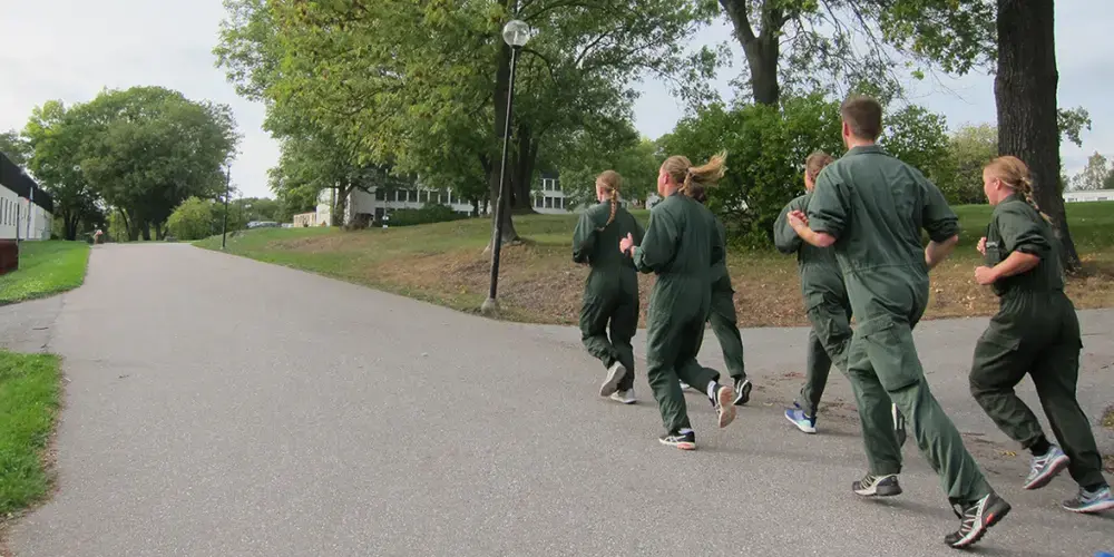 Cadets run in formation at Militärhögskolan Karlberg, the Swedish Armed Forces’ officer academy, in Solna on September 17. Image by Teresa Fazio/Foreign Policy. Sweden, 2018.