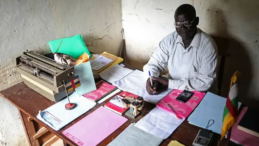 Mohammad Saboun, 'company commander' for the FPRC in Ndele, sits in his office in the occupied police station. He oversees the FPRC's police and gendarmes, calling Ndele a model. Image by Cassandra Vinograd. Central African Republic, 2017.