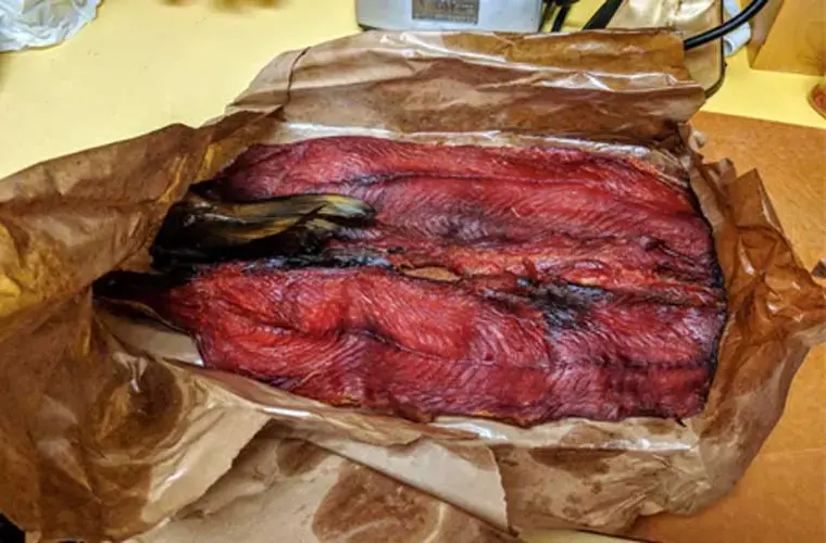 Full-smoked salmon from a traditional smokehouse – once the staple of native peoples across the Inside Passage. Image by Saul Elbein. Canada, 2017.