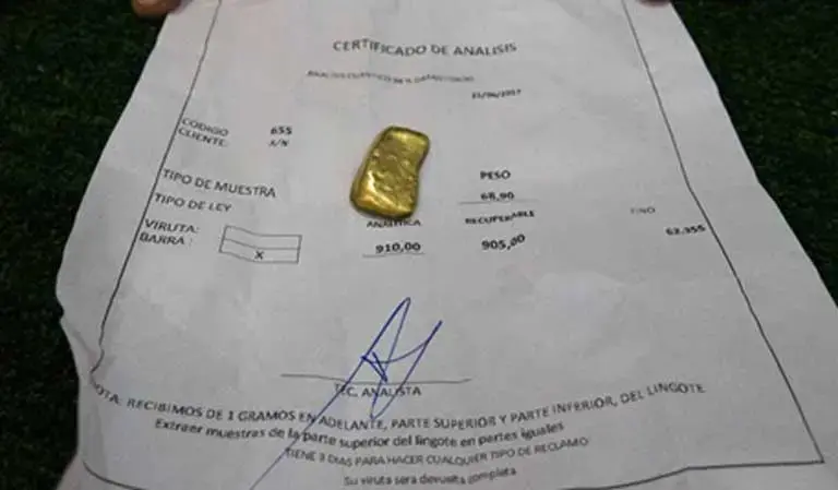 A small lump of processed gold with its certification papers. The trouble with the fabulous claims made for the Arco Minero and its mineral wealth is that those claims have not been certified, so are vastly uncertain and influenced by speculation. The natural wonders and biodiversity found there are, however, a matter of fact. Image by Bram Ebus. Venezuela, 2017.<br />