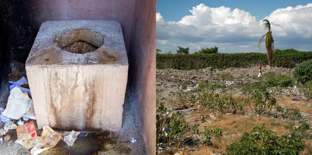 Two options for relieving oneself in Project Drouillard: a pit latrine and an open field bordering a canal filled with human waste. Image by Marie Arago/NPR. Haiti, 2017.