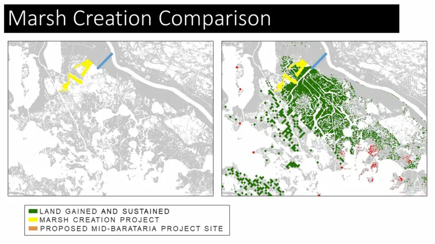 This graphic shows the model results of land created or conserved by the proposed Mid-Barataria Sediment Diversion over 50 years, right, compared to land built by dredging from the Mississippi River and pipelining it inland, left. The red dots are land lost as a result of the diversion operation. Image courtesy of Coastal Protection and Restoration Authority.