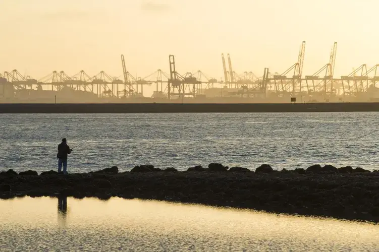 A mix of industry and recreation near the Maeslant storm surge barrier on a channel of the Rhine River in South Holland, Netherlands. Image by Chris Granger. Netherlands, 2019.