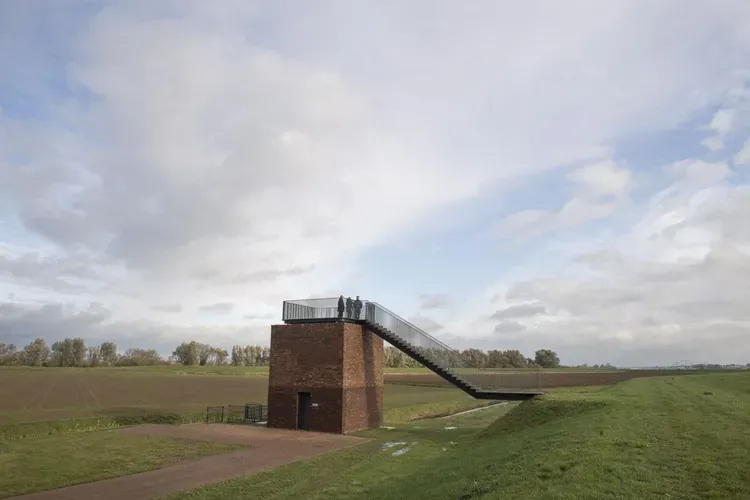 A water pump doubles as a wildlife-watching platform in the Noordwaard floodplain. Image by Chris Granger. Netherlands, 2019.
