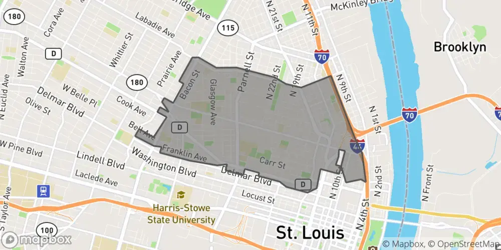 In the north St. Louis ZIP code of 63106: About half of the roughly 11,000 residents live below the poverty line, about 19% are living with a disability and 45% live without a vehicle. Source: Before Ferguson Beyond Ferguson. Image by Kae Petrin / St. Louis Public Radio. United States, 2020.
