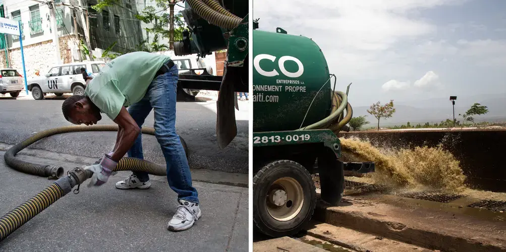 Sanitation company Sanco sends pump trucks to empty septic tanks for high-end clients such as hotels and government offices. The trucks transport the waste to the sewage treatment plant at Morne a Cabrit. Image by Marie Arago/NPR. Haiti, 2017.