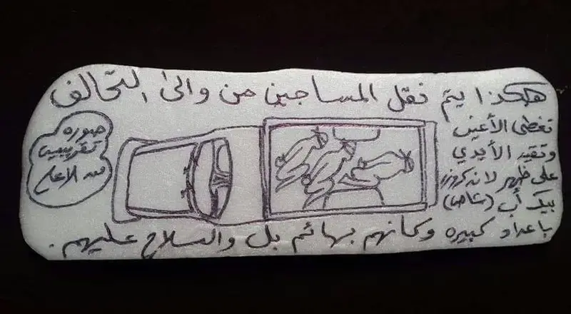 A drawing of prisoners being transported in a pickup truck to an Emirati-run prison in Yemen. The Arabic reads: “This is how they transport the prisoners from and to the coalition. Blindfolded and handcuffed in the back of a Land Cruiser pickup in large numbers as if they are animals and under gunpoint.” Image from AP.