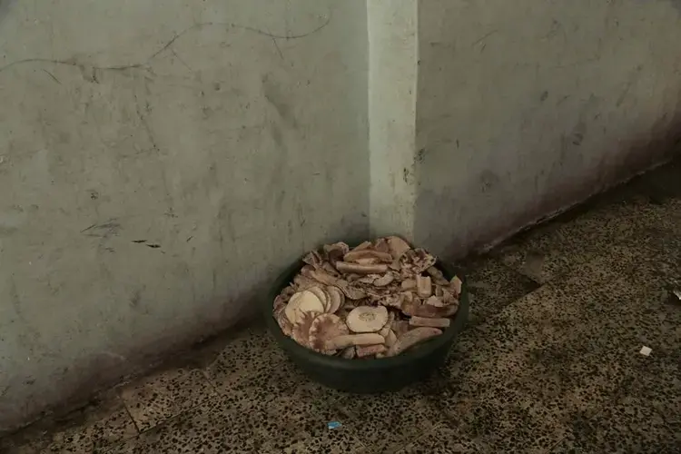 A bucket filled with bread at a shelter for displaced persons in Ibb. Image by Nariman El-Mofty/AP Photo. Yemen, 2018.