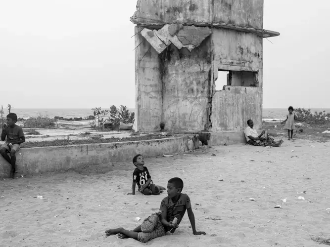 The ruins of an outdoor theatre destroyed during the civil war in Point Pedro. The town came briefly under the control of the Tamil Tigers during the early 1990s. Image by Moises Saman. Sri Lanka, 2018.