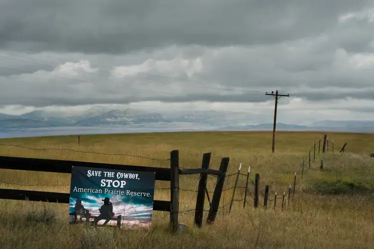 A 'Save the Cowboy' sign is posted along a fence. The 'Little Rockies' on the Fort Belknap Indian Reservation are seen in the distance. Image by Claire Harbage / NPR. United States, 2019.