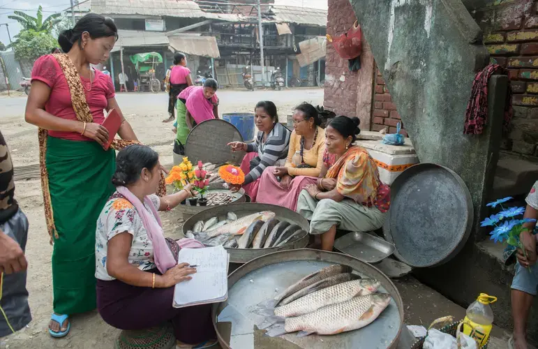  Fisherwomen and vegetable vendors wrap up business for the day in the Ema market in Ningthoukhong, in Manipur. Recurrent floods during monsoon season in 2017 impacted fisheries and vegetable harvest in the area. Image by Neeta Satam. India, 2017.<br />
