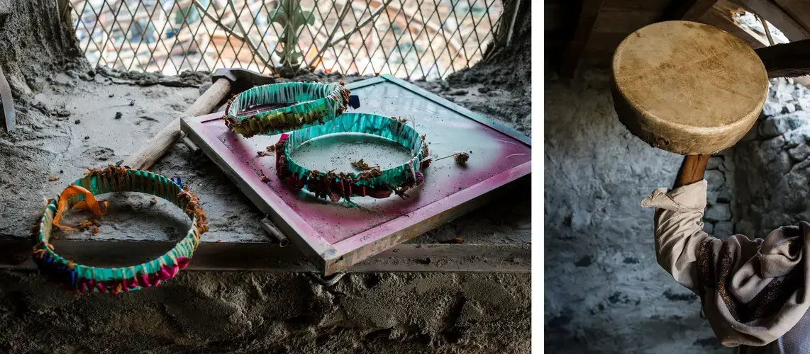 The drum that had been played by the groom and wreaths which had been worn by those celebrating at the wedding sit amid the rubble on May 6, 2018. Image by Alex Potter. Yemen, 2018.