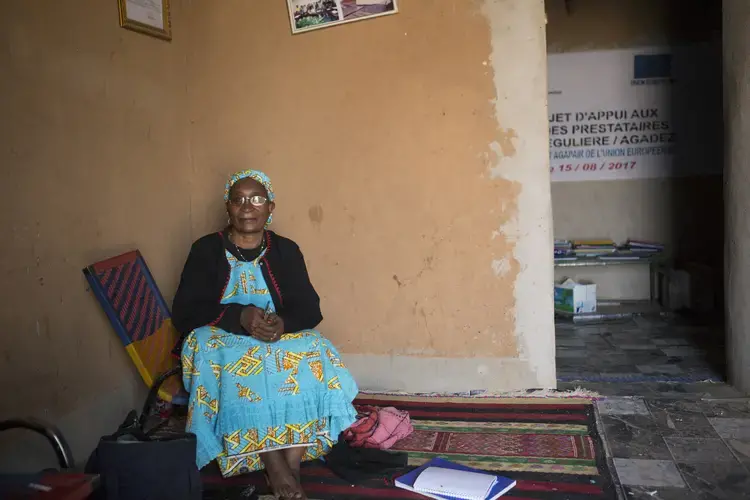 Zara Ibrahim, head of the Association of Women Against War, poses for a picture in her office in Agadez, Niger, Jan. 15, 2018. Image by Joe Penney. Niger, 2018.