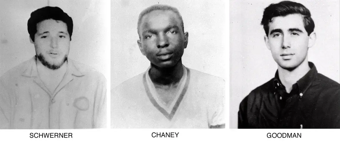 From left, Michael Schwerner, 24, of New York, James Cheney, 21, from Mississippi, and Andrew Goodman, 20, of New York. Image courtesy of The Associated Press / FBI. United States, undated.