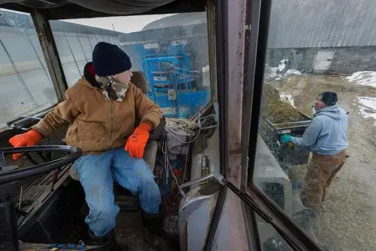 Isaac Crosby, 12, engages the feed mixer while his father, Tom Crosby, waits to give him the signal to stop on his family's farm in Shell Lake. Tom Crosby, a fourth-generation farmer, partners with his brother, Garry, milking 110 cows. They also raise heifers and beef cattle. Image by Mark Hoffman/Milwaukee Journal Sentinel. USA, 2019.