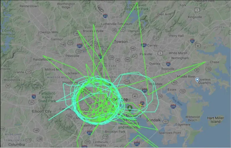 Flight tracking of Persistent Surveillance Systems plane from July 5, 2020. Graphic courtesy of Baltimore Magazine.