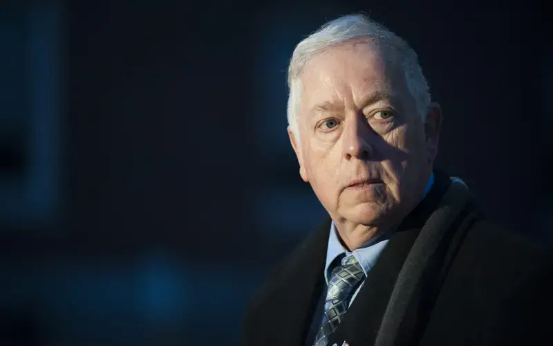 Washington County Sheriff Barry Curtis speaks to reporters in Machias the evening of Feb. 3. Image by Natalie Williams /&nbsp;Bangor Daily News. United States, 2020.