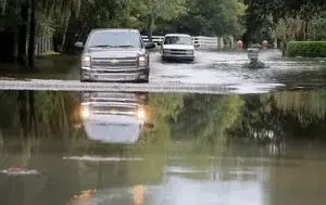 Motorists make their way down a flooded Winners Circle, in Hickory Farms in the Church Creek area. Image by Brad Nettles/The Post and Courier Staff. United States, undated.