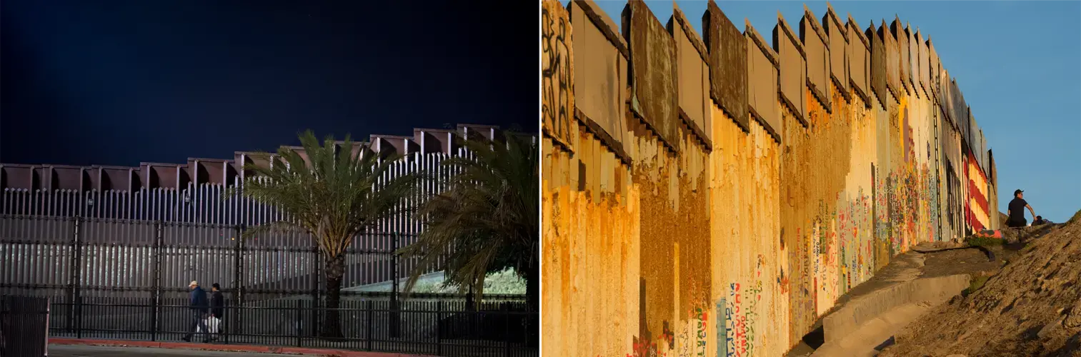 Pedestrians stroll along the U.S. side of the border with Mexico on Nov. 27. At right, a man sits near the international border with the United States on the Mexico side at Playas de Tijuana on Dec. 1. Images by Amanda Cowan. United States / Mexico, 2019.