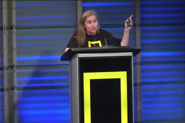 Managing Editor of National Geographic Explorer Brenna Maloney describes the experiences of National Geographic reporters in various parts of the world. Image by Claire Seaton. United States, 2019.<br />