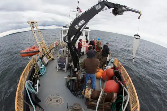 Students aboard the Neeskay, a UW-Milwaukee research vessel, learn how to take measurements in Green Bay west of Sturgeon Bay. The trip was primarily for a graduate class. Student researchers were gathering data on bay ecology. Image by Mark Hoffman. United States, 2019.