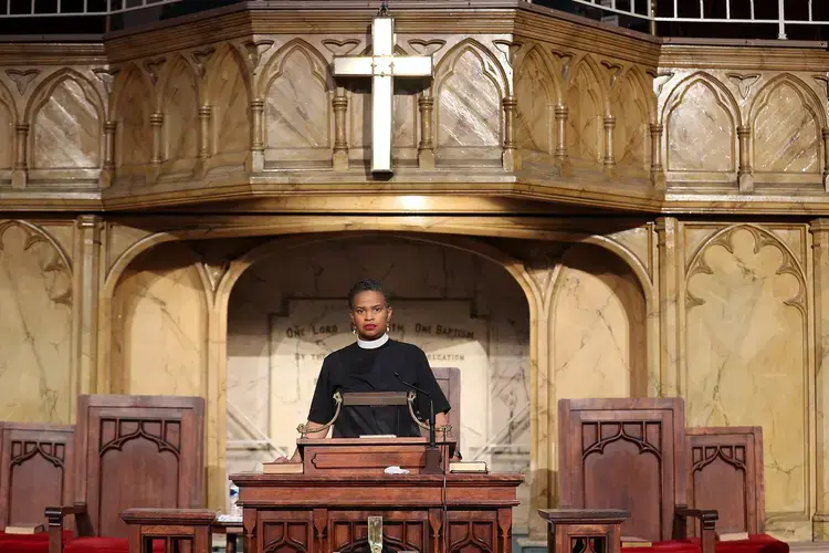 Leslie D. Callahan, pastor of St. Paul's Baptist Church, poses for a portrait, at her church in Philadelphia, PA on April 8. Image by David Maialetti / The Philadephia Inquirer. United States, 2020.