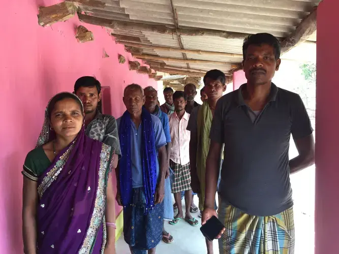 Villagers in Baday Salhi said they chased away labourers and officials who tried to put pillars on their lands for the plantation project. Chhattisgarh, India. June 2019. Image by Chitrangada Choudhury.