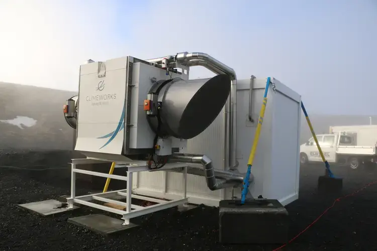 Climeworks, a group based in Austria, is working to filter carbon dioxide out of the air so it can be pumped into greenhouses or carbonated sodas or, in a place like Hellisheiði, into the ground. Image by Ari Daniel. Iceland, 2019.