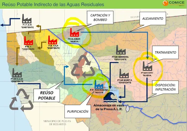 Comice is proposing a Tijuana River wastewater recycling network. The plants highlighted by a yellow circle indicate proposed new additions to Tijuana’s wastewater system. Image courtesy of Comice.