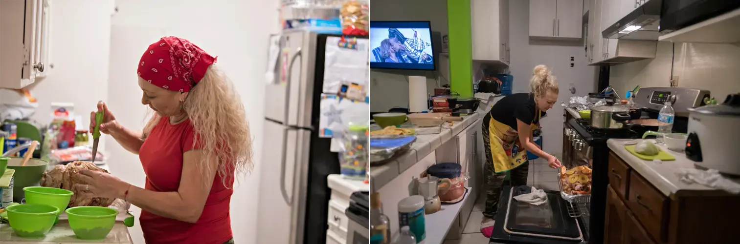 Enedis Flores gets an early start on preparing the family's Thanksgiving turkey in her Chula Vista, Calif., kitchen on Nov. 27. At right, she checks the turkey she prepped the day before in the oven of her husband's Tijuana apartment. Images by Amanda Cowan. United States / Mexico, 2019.