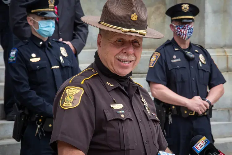 Cumberland County Sheriff Kevin Joyce speaks at a press conference outside Portland City Hall on June 3. Image by Troy R. Bennett / Bangor Daily News. United States, 2020.