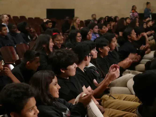 DC high school students watch a screening of Circus Without Borders at Theodore Roosevelt High School. Image by Meerabelle Jesuthasan. USA, 2019.