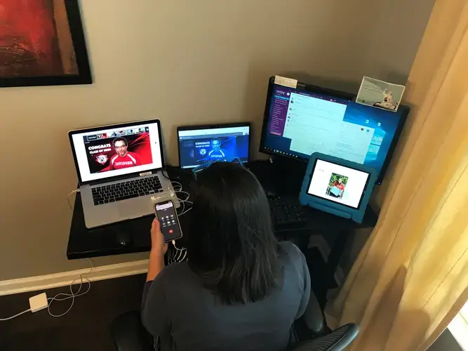 Director of Special Events Jessica Olson coordinates Davidson's senior celebration from her work station at home. Image courtesy of Jessica Olson. United States, 2020.