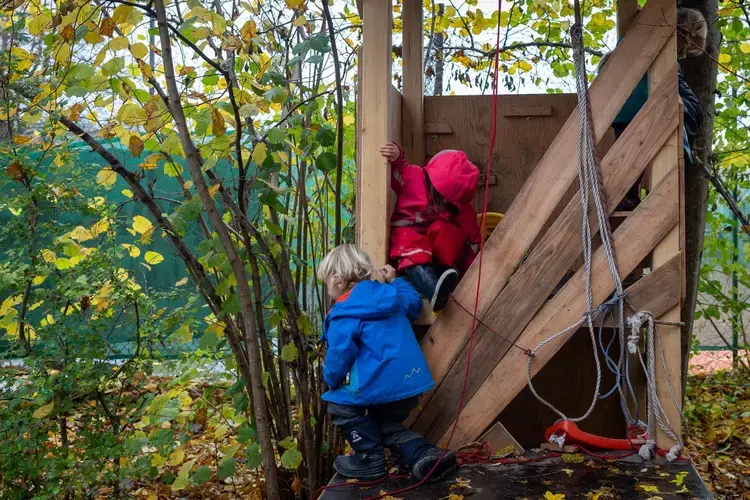 Part of the philosophy of forest preschools is imagination and freedom, so children are left to play, climb and sometimes fall, on their own. 'Sometimes they climb very high, and I'm really a little bit afraid. I stand by them but turn around and think, 'I have to trust them,'' said Ulli Boström, the founder of a forest preschool in Berlin. Image by Ryan Delaney. Germany, 2020.<br />