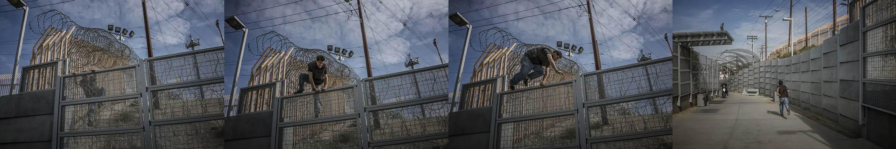 Near Tijuana, a man enters the United States illegally by climbing through razor wire. Image by James Whitlow Delano. Mexico, 2017.