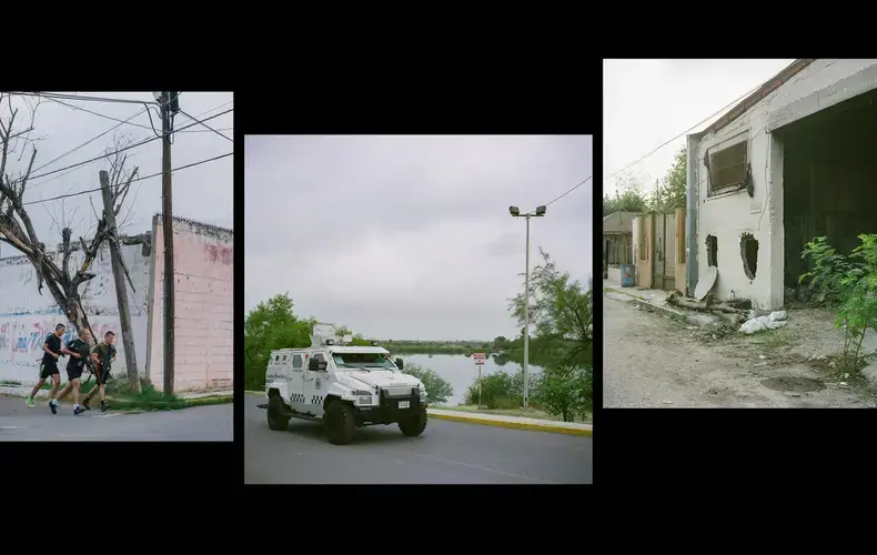 Left: Mexican National Guardsman perform morning exercises in front of a former Mexican Marine base that has since been converted into a Mexican National Guard base near Laguna Laguito. Middle: A Mexican National Guard personnel carrier is seen near Laguna Laguito. Right: A view of a former Mexican Marine base that housed a special forces unit that was accused of committing kidnappings and murders of civilians. Images by by Christopher Lee. Mexico, 2020.