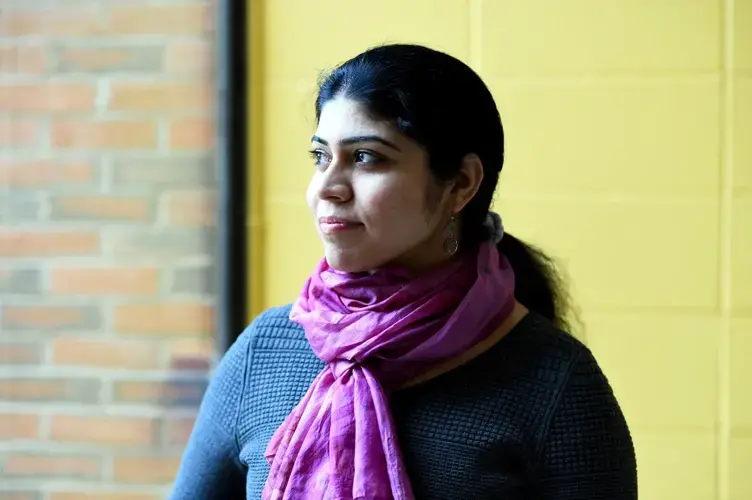 Jaspreet Mahal, a researcher at Brandeis. She is a Sikh, a member of a minority religion in India that does not recognize caste, but her husband is a Dalit. Image by Meredith Nierman/WGBH News. United States, 2019.