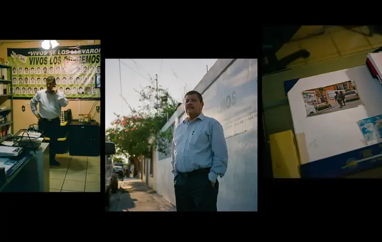 Left and middle: Raymundo Ramos. Right: A photo on Ramos's desk of Mexican Marines looking at an activist installation. Images by by Christopher Lee. Mexico, 2020.