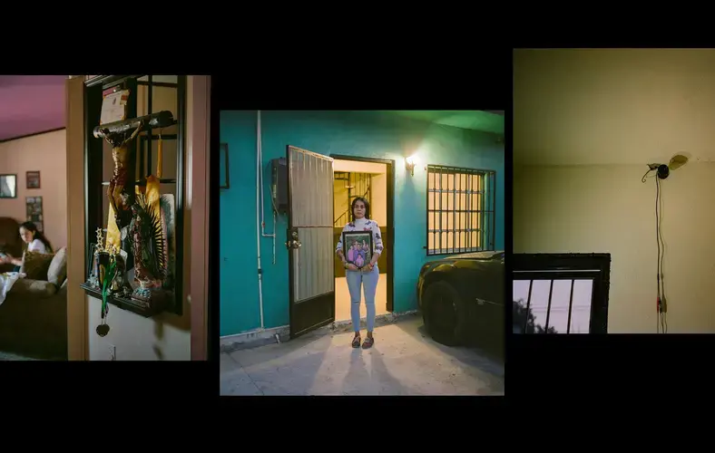 Left: An installation in the home of activist Jessica Molena, an American citizen, dedicated to her husband Jose Daniel Trejo Garcia, an American green card holder, who was kidnapped by a special forces unit of the Mexican Marines. Middle: Molena poses for a portrait in September at their former home where her husband was kidnapped. Right: A security camera is seen at their previous home. Image by by Christopher Lee. Mexico, 2020.