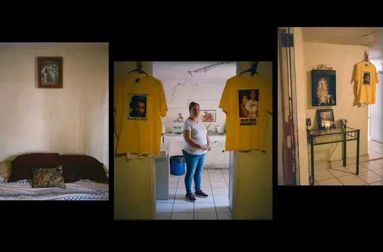 Erika Arredondo, photographed in her home in Nuevo Laredo, Mexico, on September 25, 2020, next to a memorial for her son Julio Cesar Viramontes Arredondo, who was kidnapped by the Mexican Marines. Image by by Christopher Lee. Mexico, 2020.