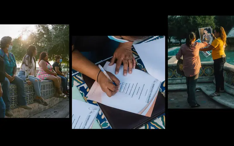 Activists are seen in Plaza Palabra during a signing of a document demanding a formal acknowledgement and apology for family members kidnapped by a special forces unit of the Mexican Marines that were trained and armed by the United States Department of Defense, in Nuevo Laredo, Mexico, on September 25, 2020. Image by by Christopher Lee. Mexico, 2020.