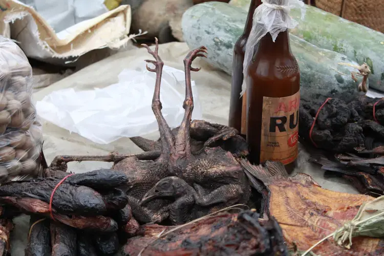 Dried meat and honey at the morning market in Puta-O, Myanmar. Image by Hkaw Myaw. Myanmar, undated.