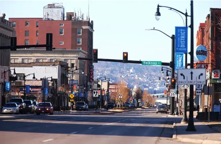 Downtown Superior, Wisconsin, the city home to Midwest Energy Resources Company, the largest mover of coal in the Great Lakes basin. Image by Paul Walsh. United States, undated.