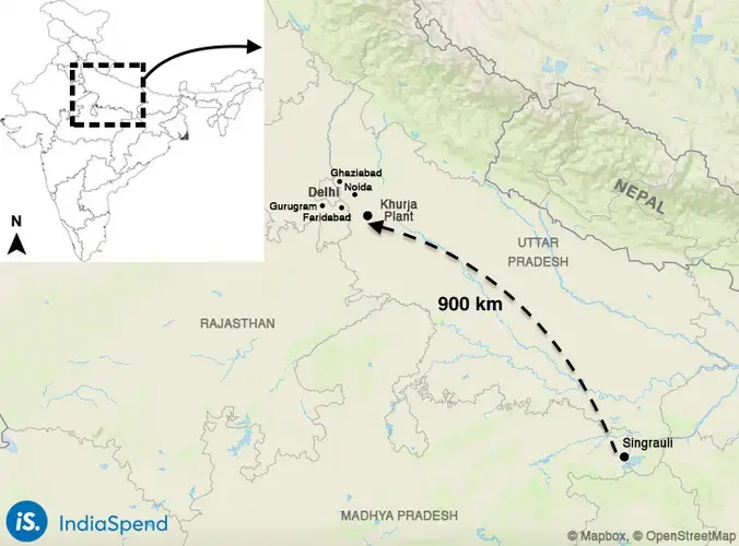 THDC India Limited’s Khurja power plant in Uttar Pradesh is 900 km away from its feeder coal mine, in Singrauli, Madhya Pradesh. Analysts say the cost of transporting coal from the mine to the plant will add to costs. Image by IndiaSpend. India, undated.