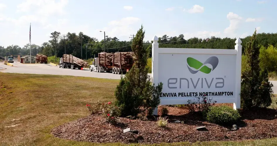 Trucks line up to bring logs to the Enviva plant in Northampton County, N.C. Tuesday, Sept. 3, 2019. Enviva is the world’s largest producer of wood pellets. Image by Ethan Hyman. United States, 2019.