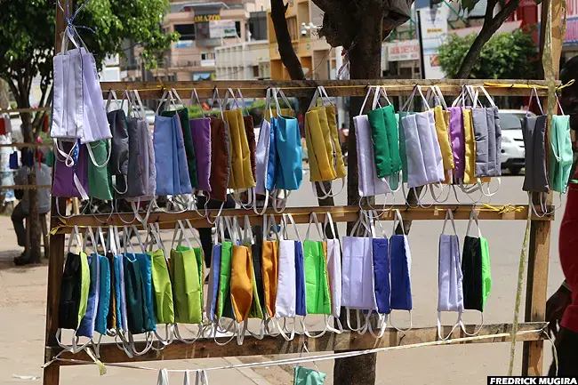 Face masks being sold along High Street in Mbarara city, western Uganda. Image by Fredrick Mugira. Uganda, undated.