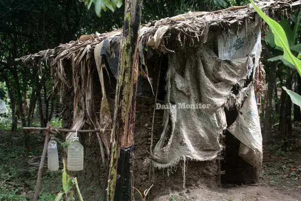 Some of the makeshift pit latrines in Karangura, Kabarole District, Uganda have water facilities for hand washing but have no soap. Image by Felix Basiime. Uganda, undated.