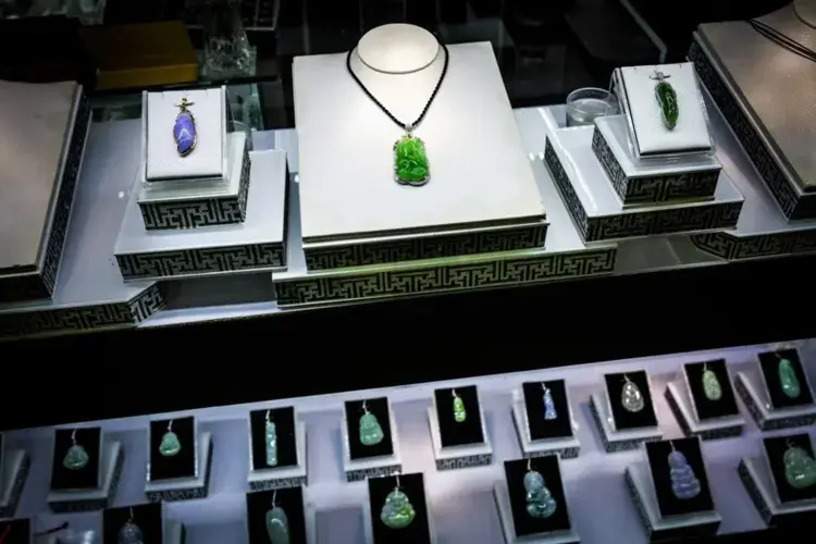 Jade jewelry in a store in downtown Yangon. Image by Hkun Lat. Myanmar, 2018.