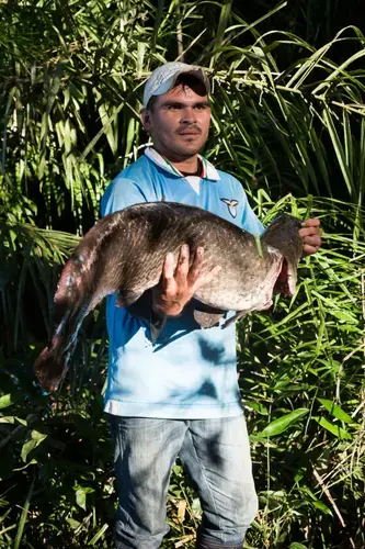 Gabriel Justiniano Montaño, twenty-four, caught his first paiche at the age of twelve. The giant fish pulled so hard it brought him to his knees. Image by Felipe Luna. Bolivia, 2018.