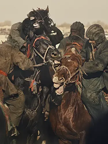 Riders fighting for control of the buz, a slaughtered calf. Image by Balazs Gardi.